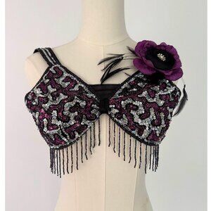 90s vintage purple sequin beaded glamour costume girls dance top XXS womens